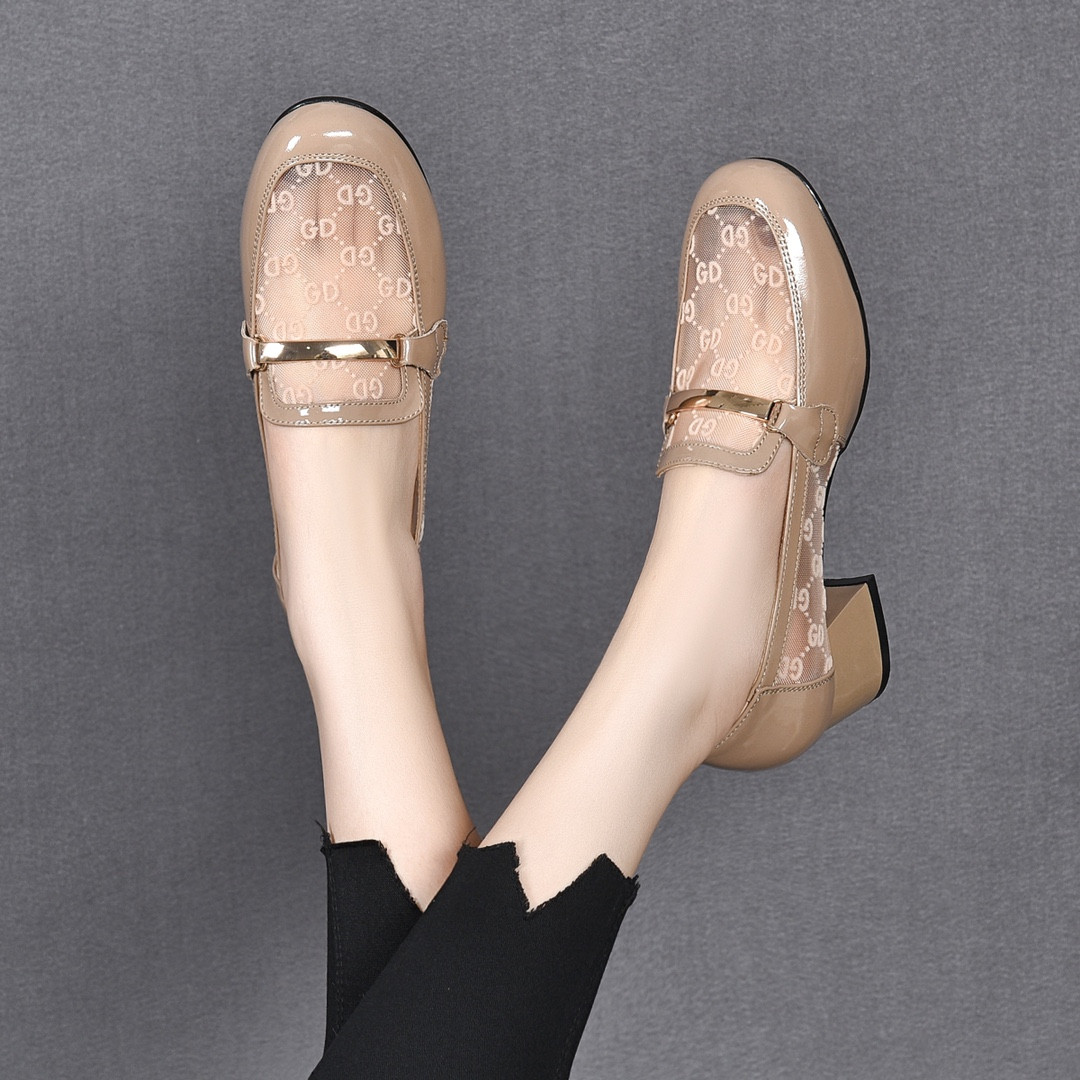 真皮网纱单鞋女2023年夏季新款休闲粗跟乐福鞋透气亮皮英伦小皮鞋