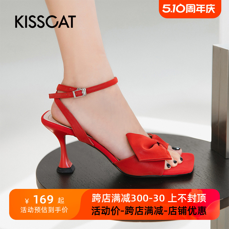 KISSCAT/接吻猫羊皮时尚高跟蝴蝶结甜美一字扣带凉鞋女KA21320-80