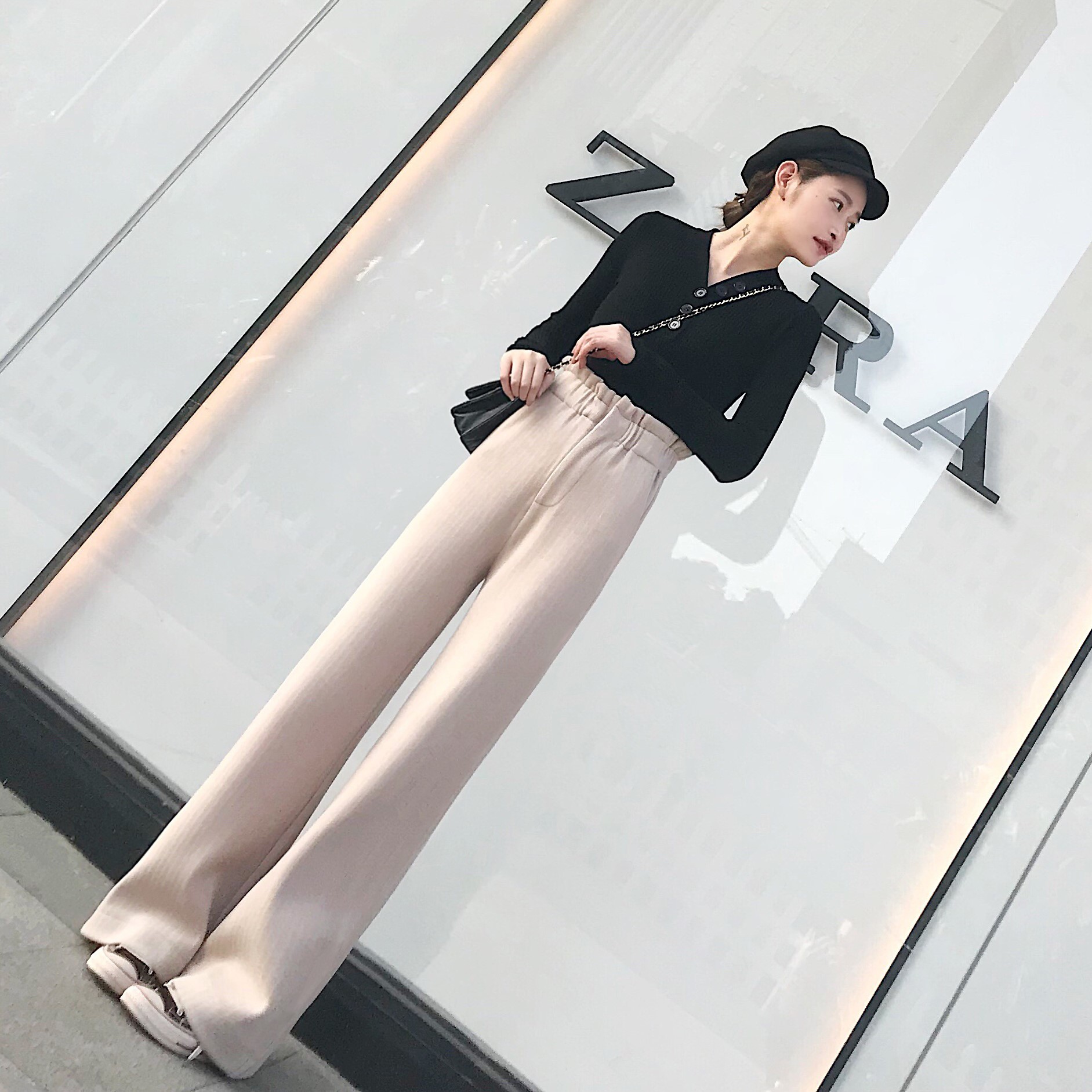 杏色毛呢阔腿裤 直筒