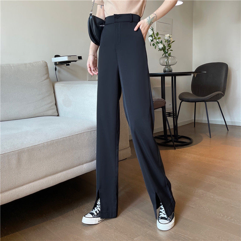 实拍西裤料新款开叉阔腿直筒西装裤高腰垂感拖地裤