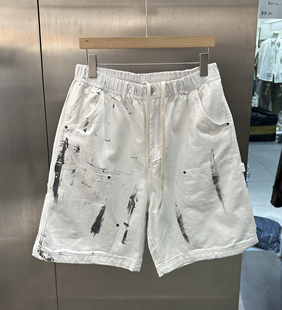 LB2夏季男松紧腰泼墨多口袋工装五分裤美式潮流宽松直筒白色短裤
