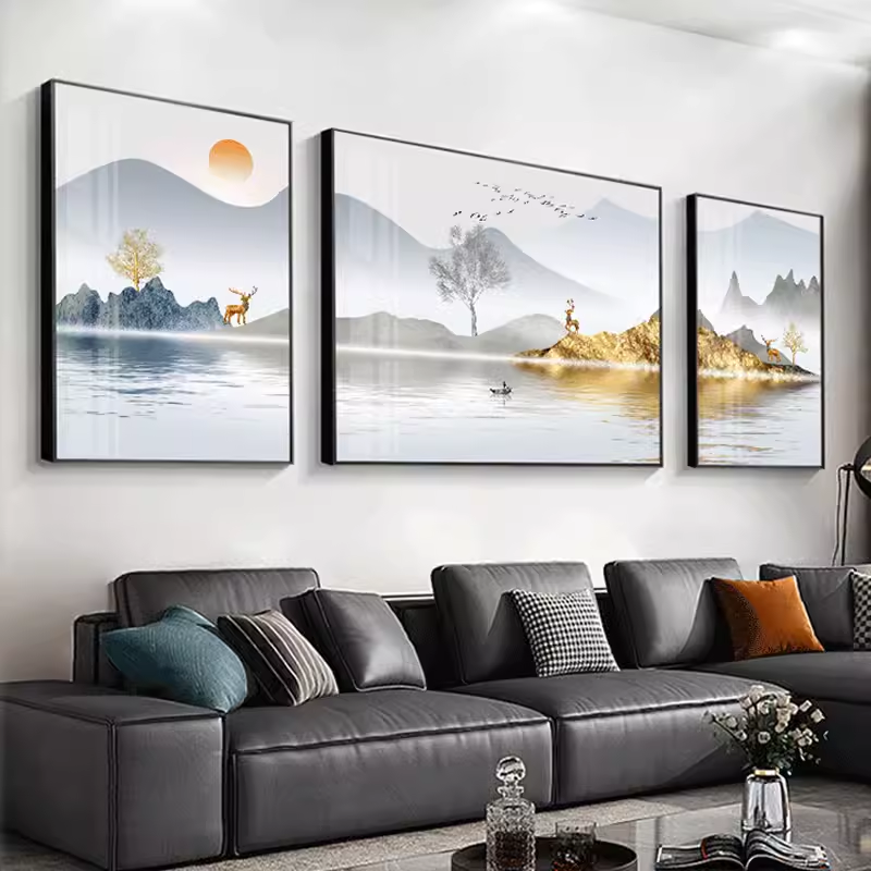 现代轻奢客厅沙发背景墙挂画组合高档壁画抽象艺术大气三联装饰画