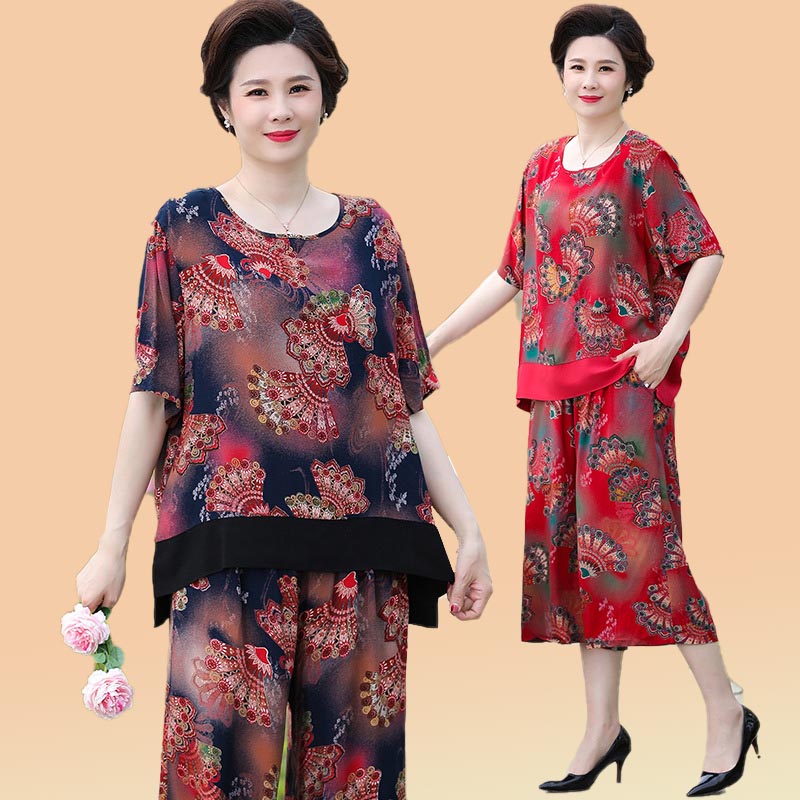 200斤胖妈妈夏装时尚套装中年妇女短袖t恤加肥加大码中老年两件套