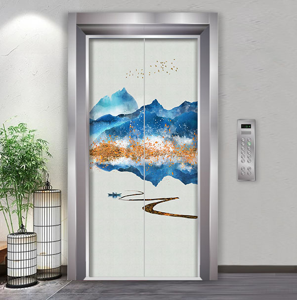 新中式山水电梯门贴纸自粘装饰创意贴画广告贴订制玻璃防水贴膜