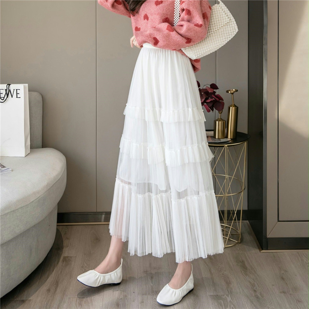 实拍网纱蛋糕裙中长款女秋冬季半身裙子超仙女长裙冬天配毛衣纱裙