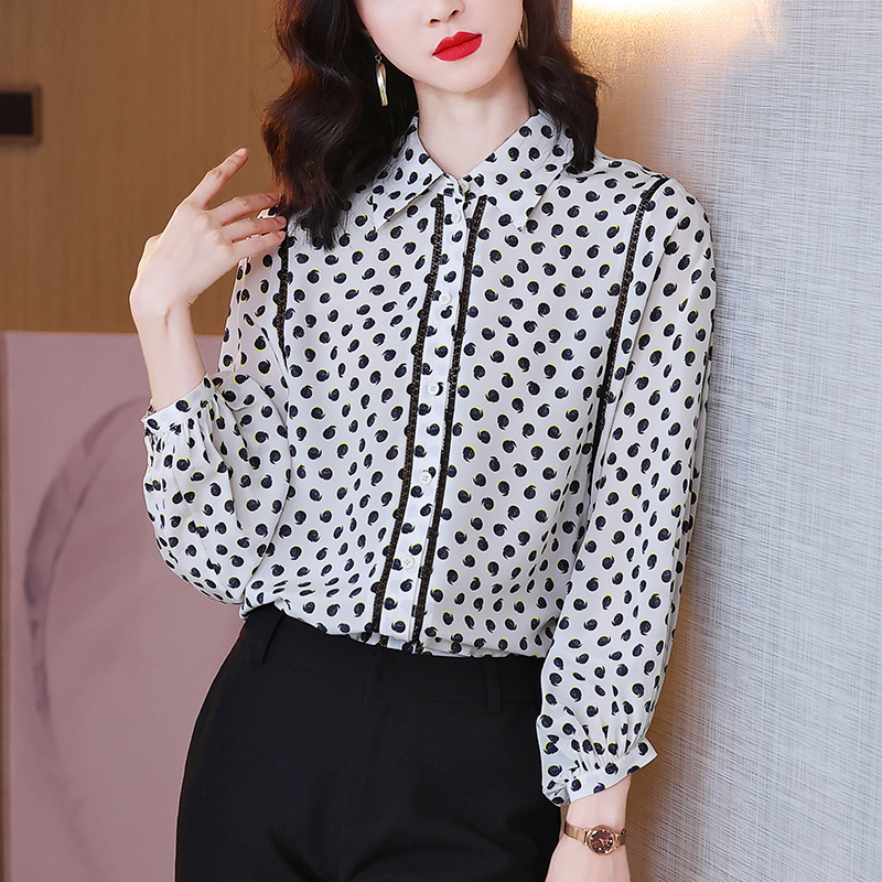 高端真丝衬衫女2022春季新款桑蚕丝双绉长袖波点衬衣气质时尚上衣