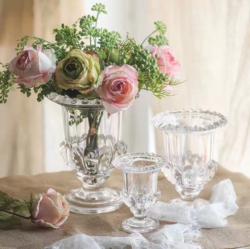 网红复古特蕾西浮雕玻璃花瓶餐桌摆件家居饰品客厅餐桌透明花器