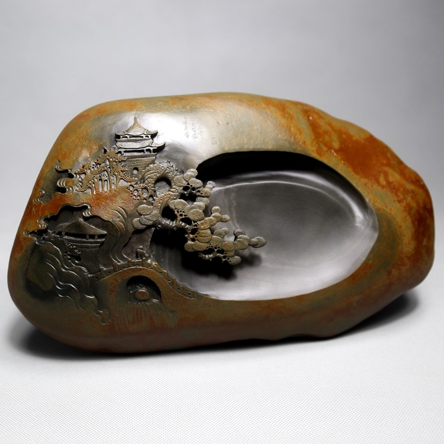 江宝忠《山水如画》红皮籽料 歙砚精品 安徽省高级工艺美术大师