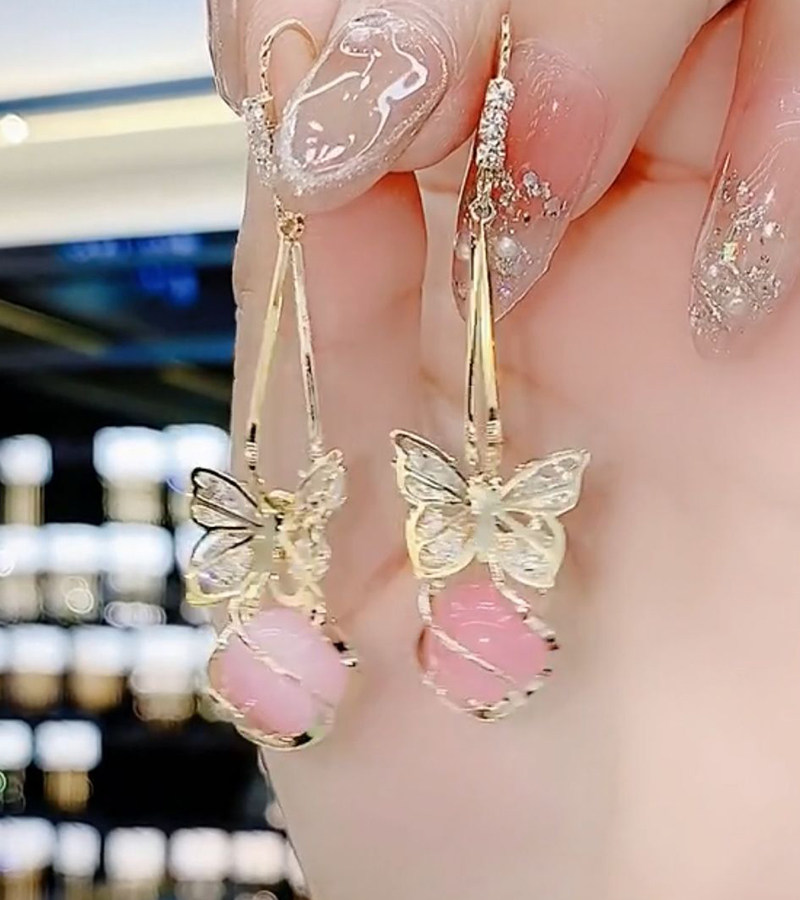 日韩女式蝴蝶耳钩耳饰女长款流苏洛丽塔粉猫眼石耳环2021年新款潮