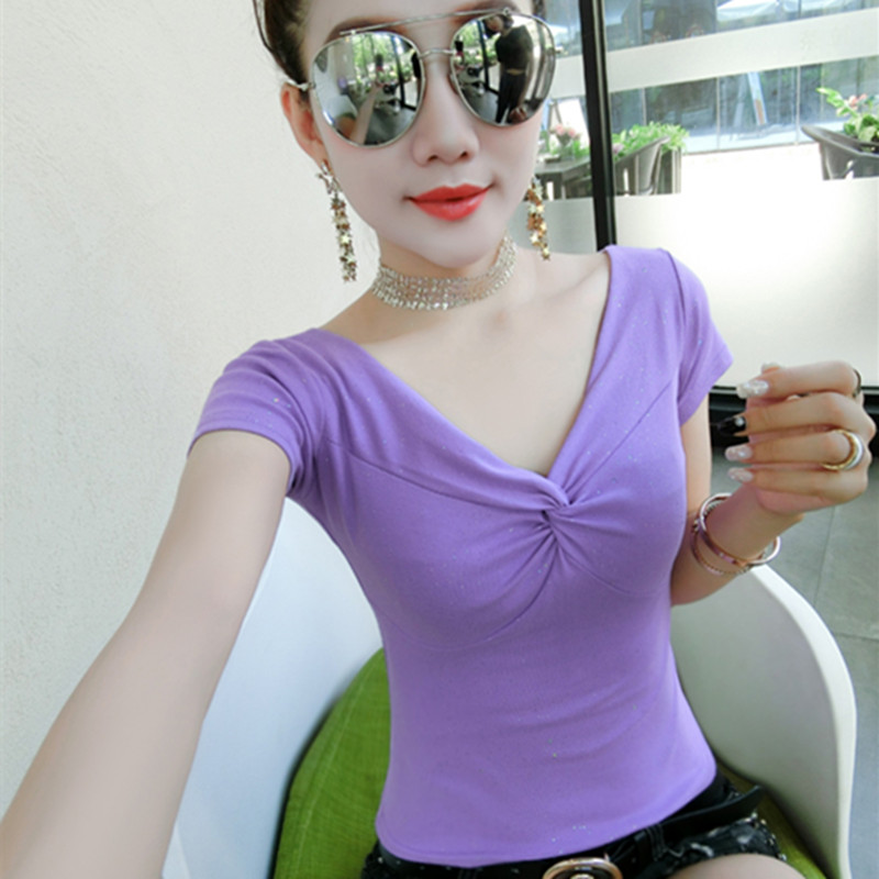 2023夏装新款时尚性感短袖T恤女修身纯棉半袖体恤紧身上衣紫色潮