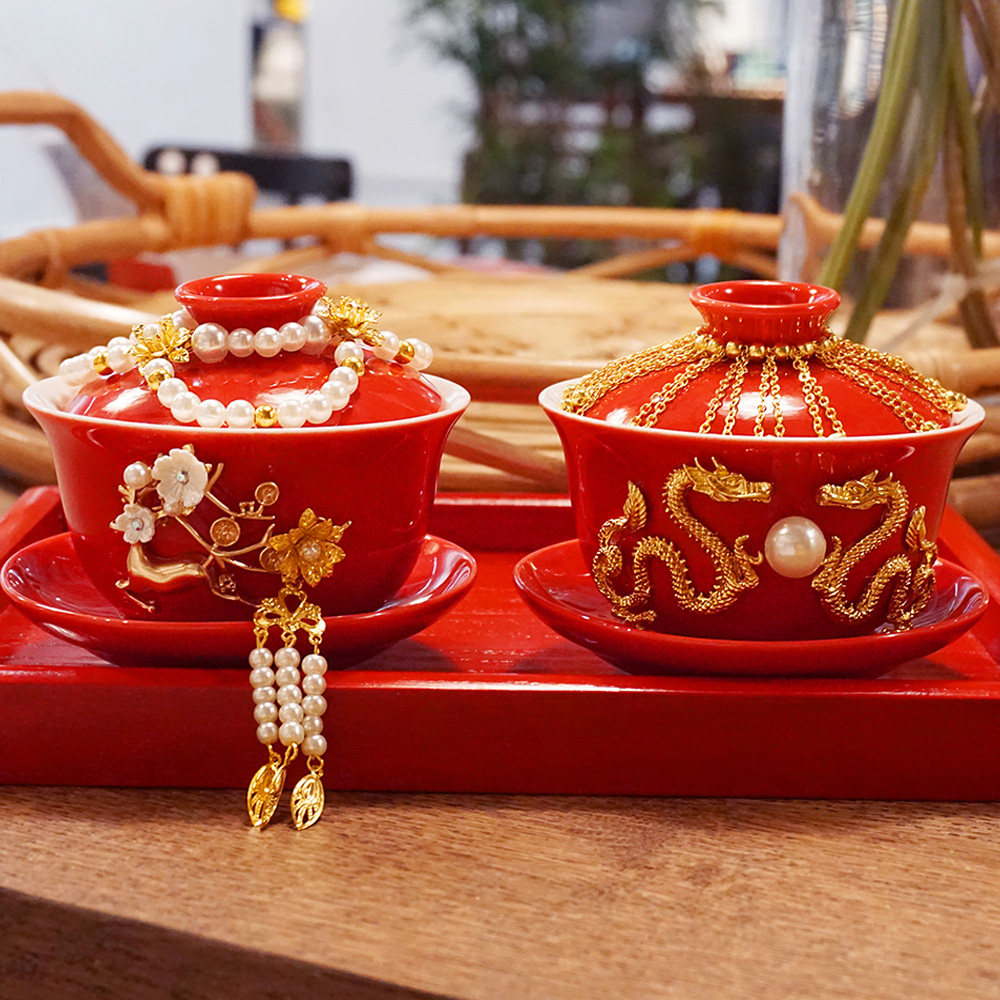 手工敬茶杯具中式新娘改口红色陶瓷喜杯结婚喜碗婚礼婚庆陪嫁用品