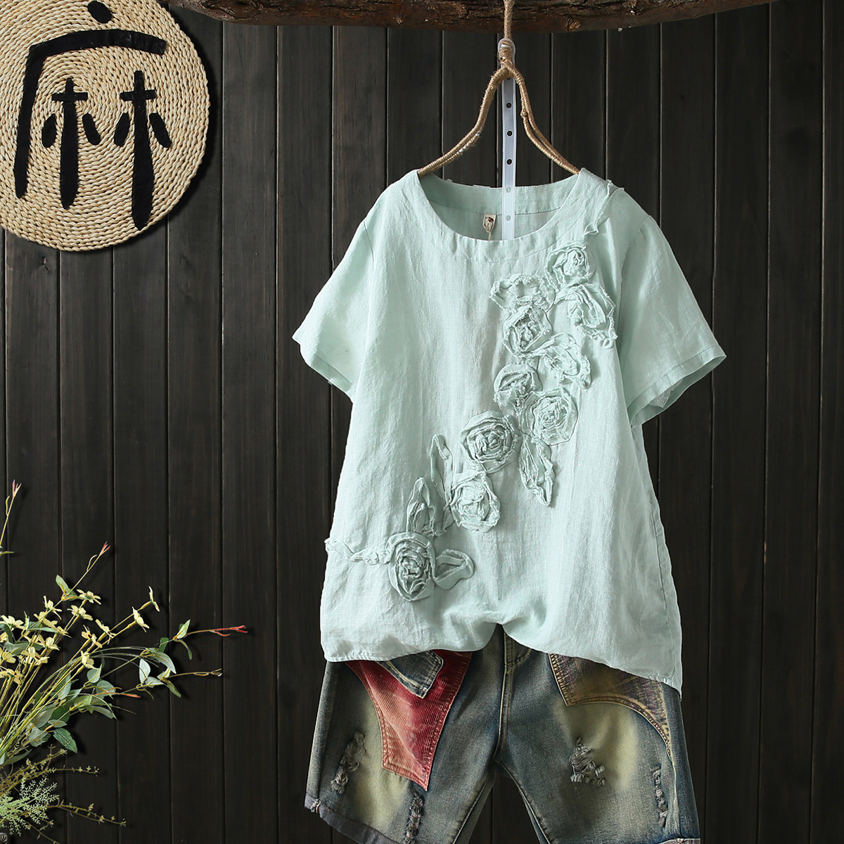 夏装棉麻纯色t恤女 短袖上衣亚麻立体盘花宽松刺绣绣花套头衫体恤