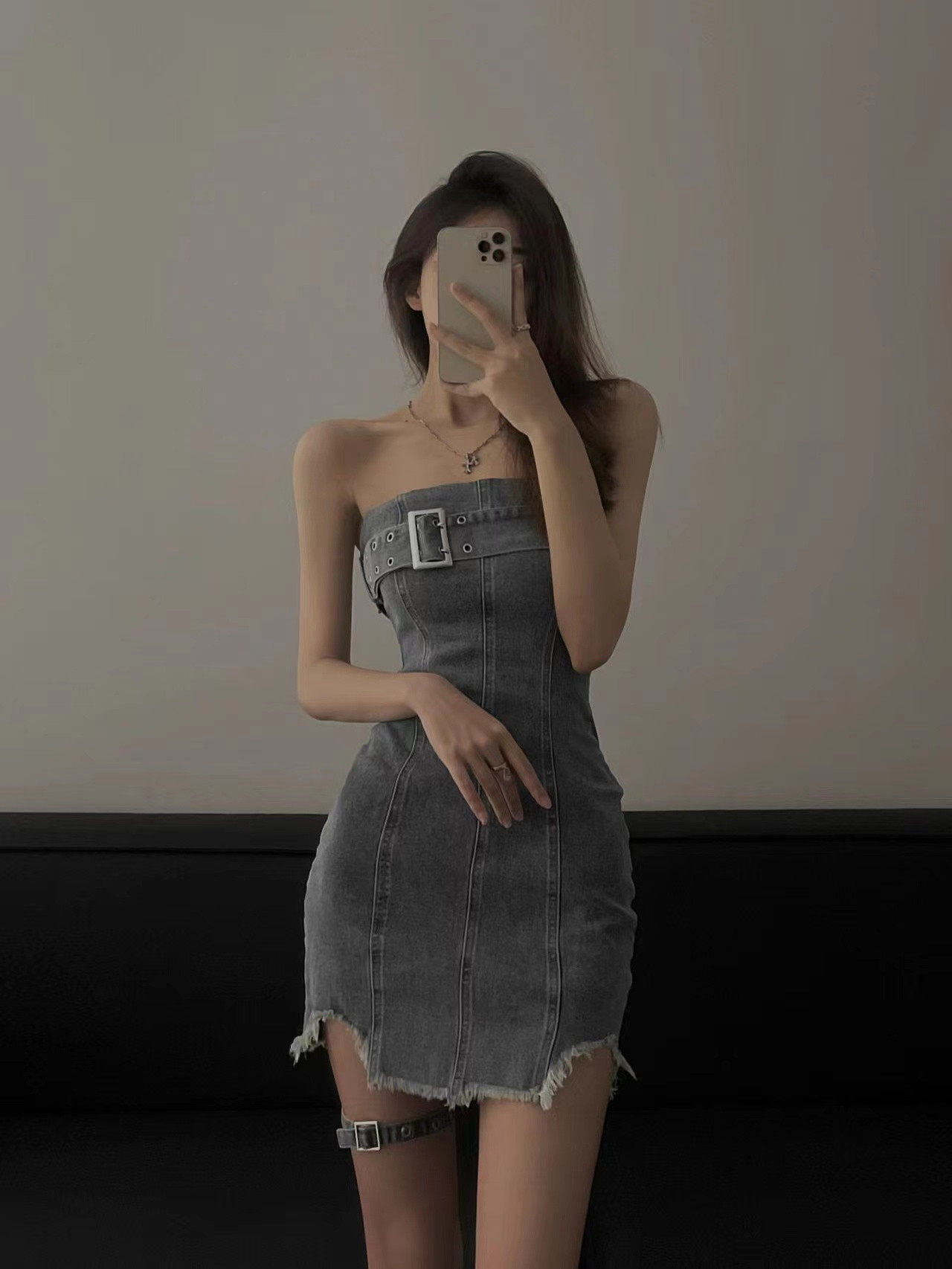 titi小姐姐 美式辣妹 抹胸牛仔连衣裙女纯欲包臀收腰显瘦短裙夏季