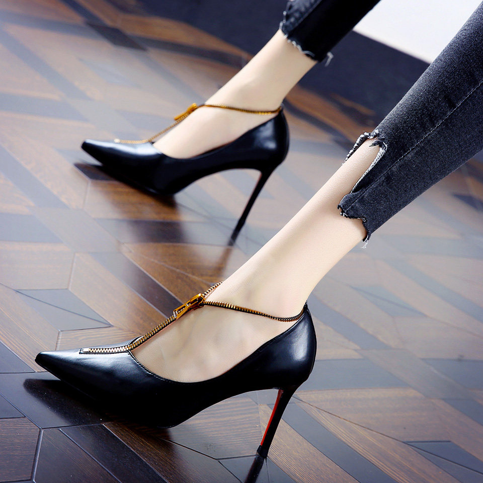 欧美仙女尖头个性街拍时装高跟鞋2021早秋新款细跟网红拉链单鞋女