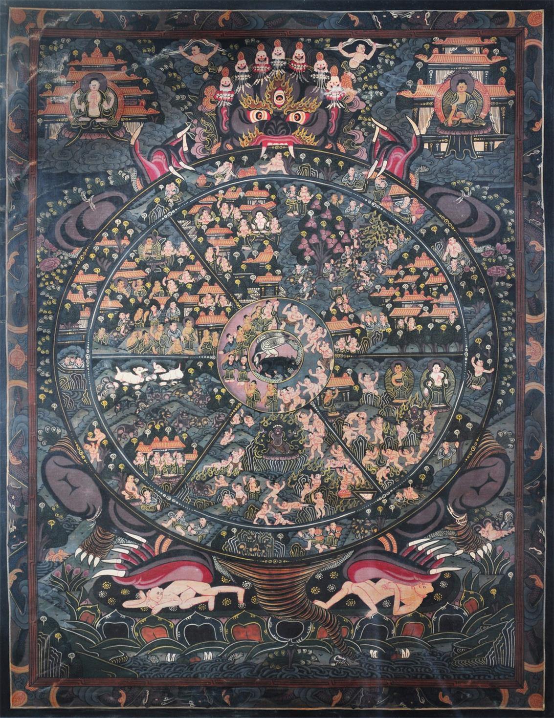 尼泊尔老唐卡《生死轮转》藏传佛教经典艺术典藏