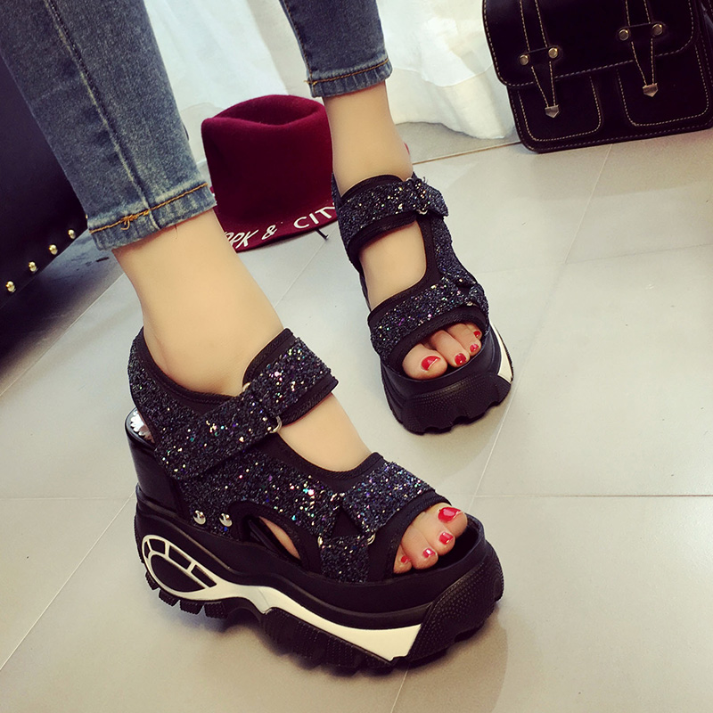 Sequins Korean Edition non-slip The thickness of the bottom With slope The increase in Sandals Waterproof High-heeled Shoe of sponge cake 2020 Summer stylein the Women's Shoes, Sandals category - from Buy2taobao.com to provide professional Taobao agent buy service