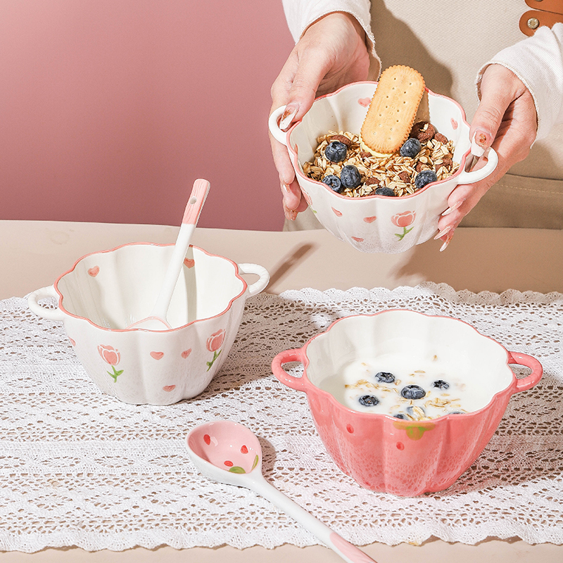 网红酸奶碗带勺甜品碗家用新款ins陶瓷早餐燕麦碗沙拉碗个人专用