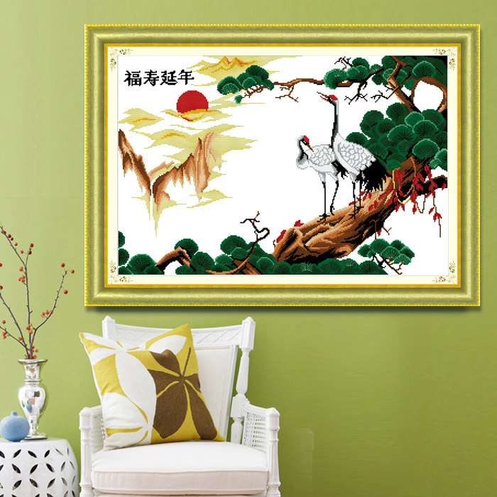 线绣印花套件新款福寿延年十字绣大幅画仙鹤旭日风景客厅系列刺绣
