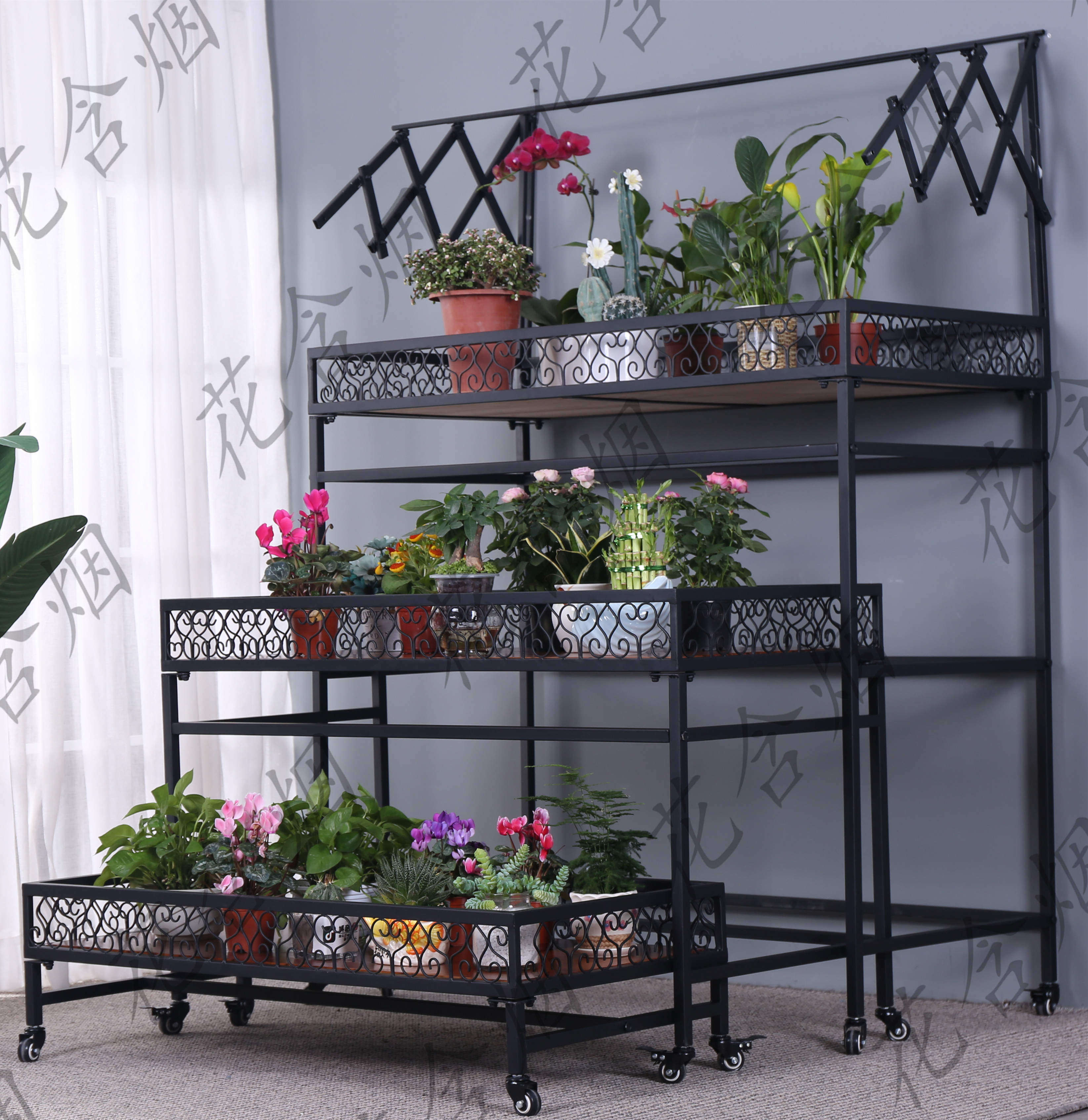 花含烟阳台实木多肉花架铁艺多层室内落地带轮梯形花架遮阳