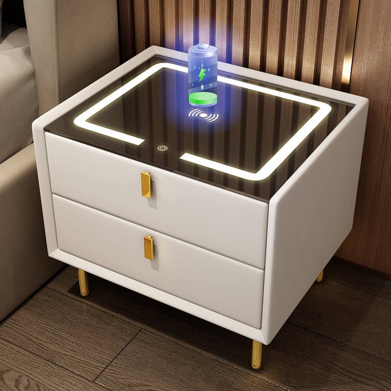 智能床头柜实木现代简约轻奢卧室皮质网红多功能无线充电床边柜子