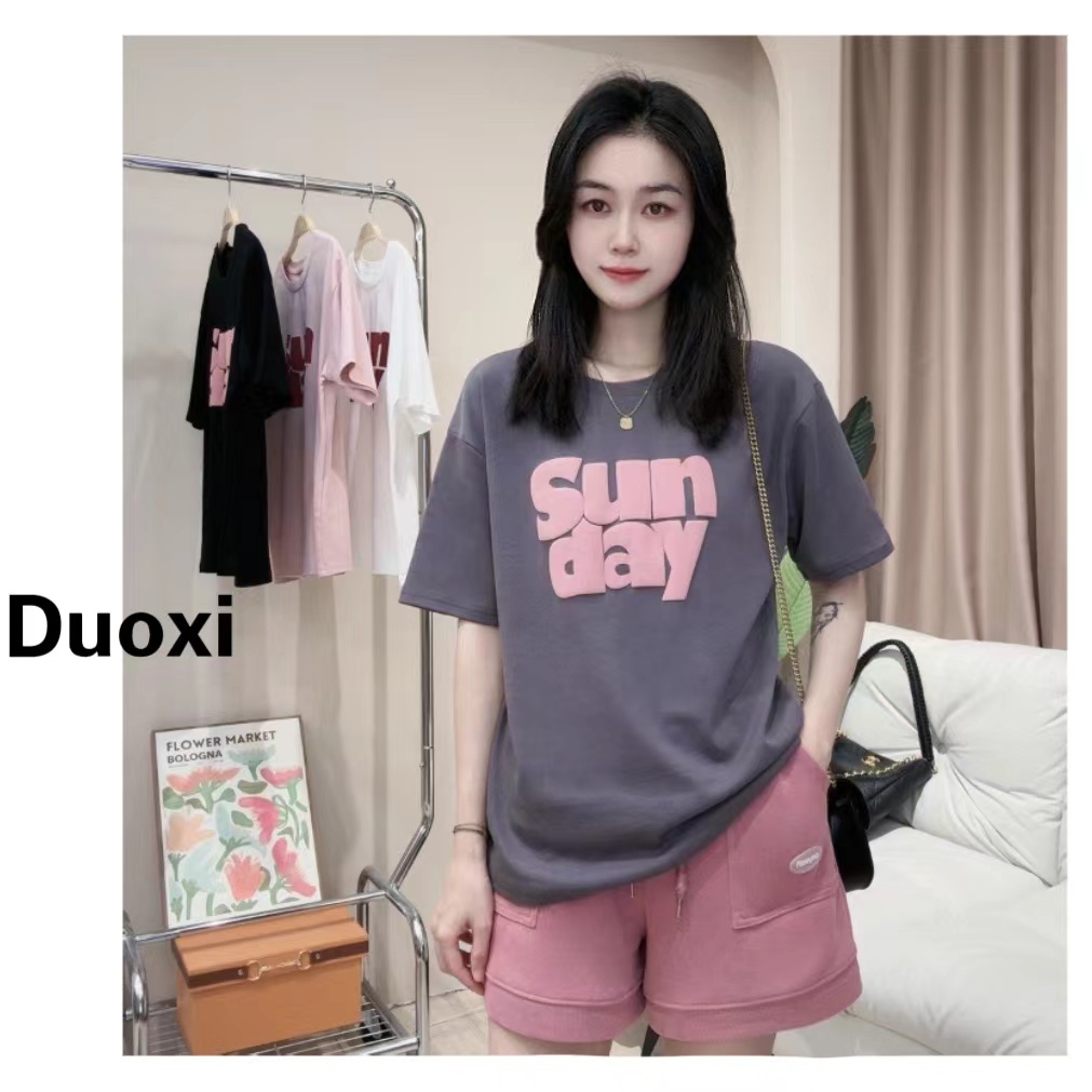 Duoxi+Sunday印花短袖T恤女夏季新款休闲时尚百搭显瘦上衣