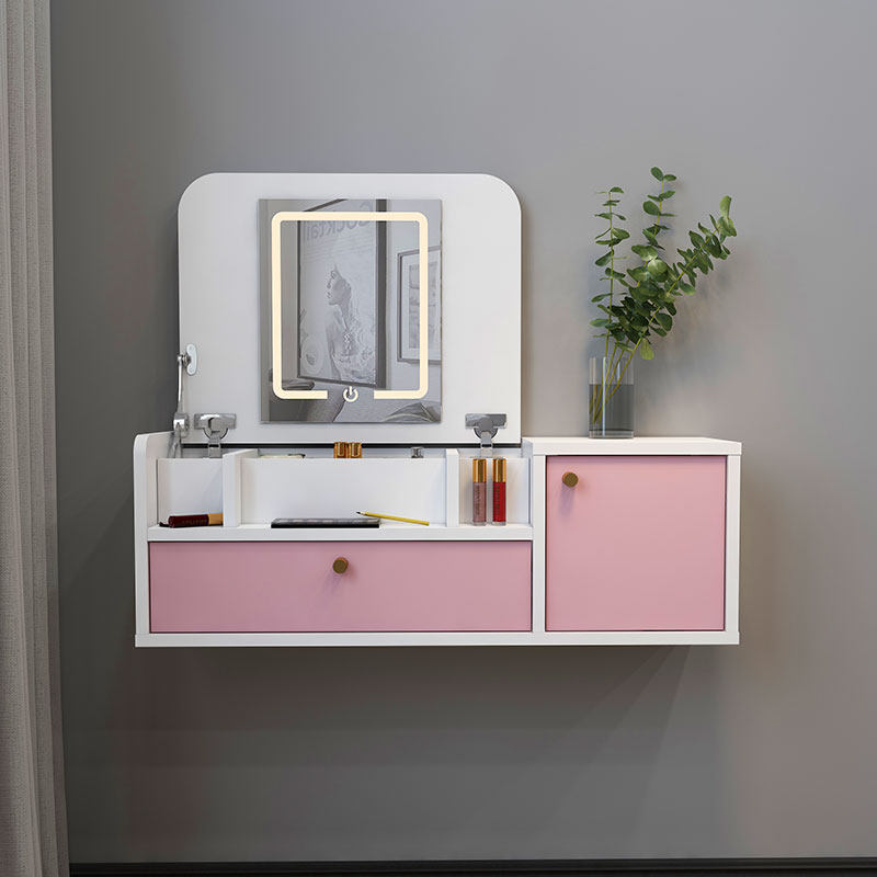 壁挂式梳妆台挂墙悬空粉色化妆柜小户型公主风led灯翻盖书桌 一体