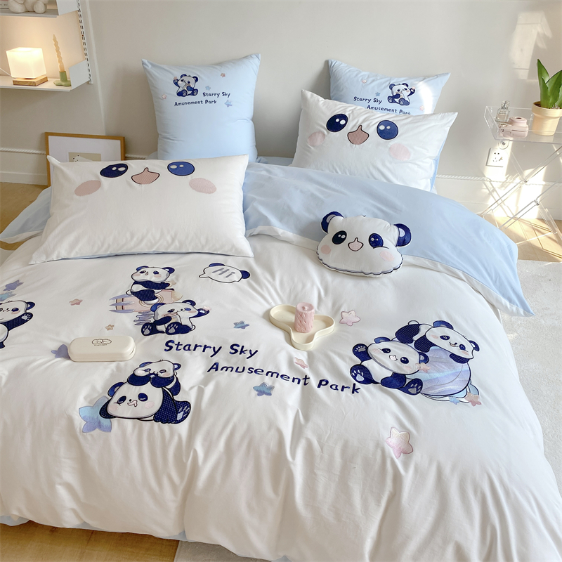 可爱卡通风全棉水洗棉三四件套可爱星星熊猫刺绣纯棉1.2m床上用品