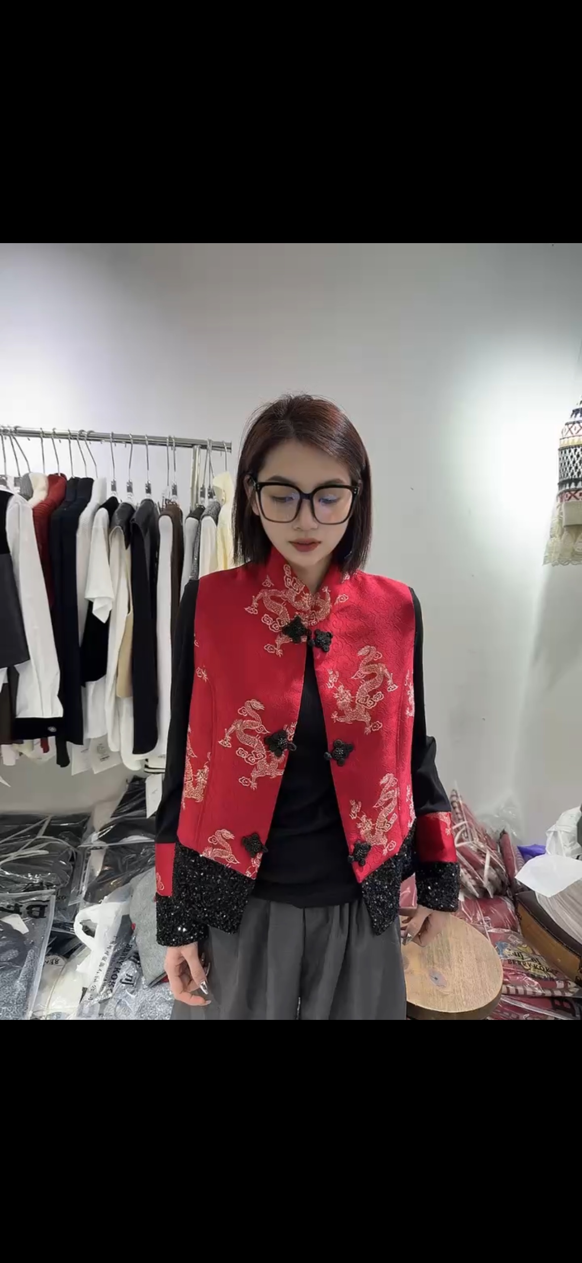 可可85218马甲俩件套女中国风立领拼接显瘦小众设计感女装外搭红
