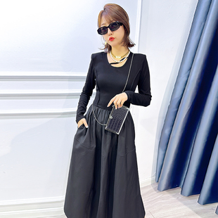 欧货2024春秋新款黑色长袖连衣裙女设计感修身气质显瘦时尚长裙子