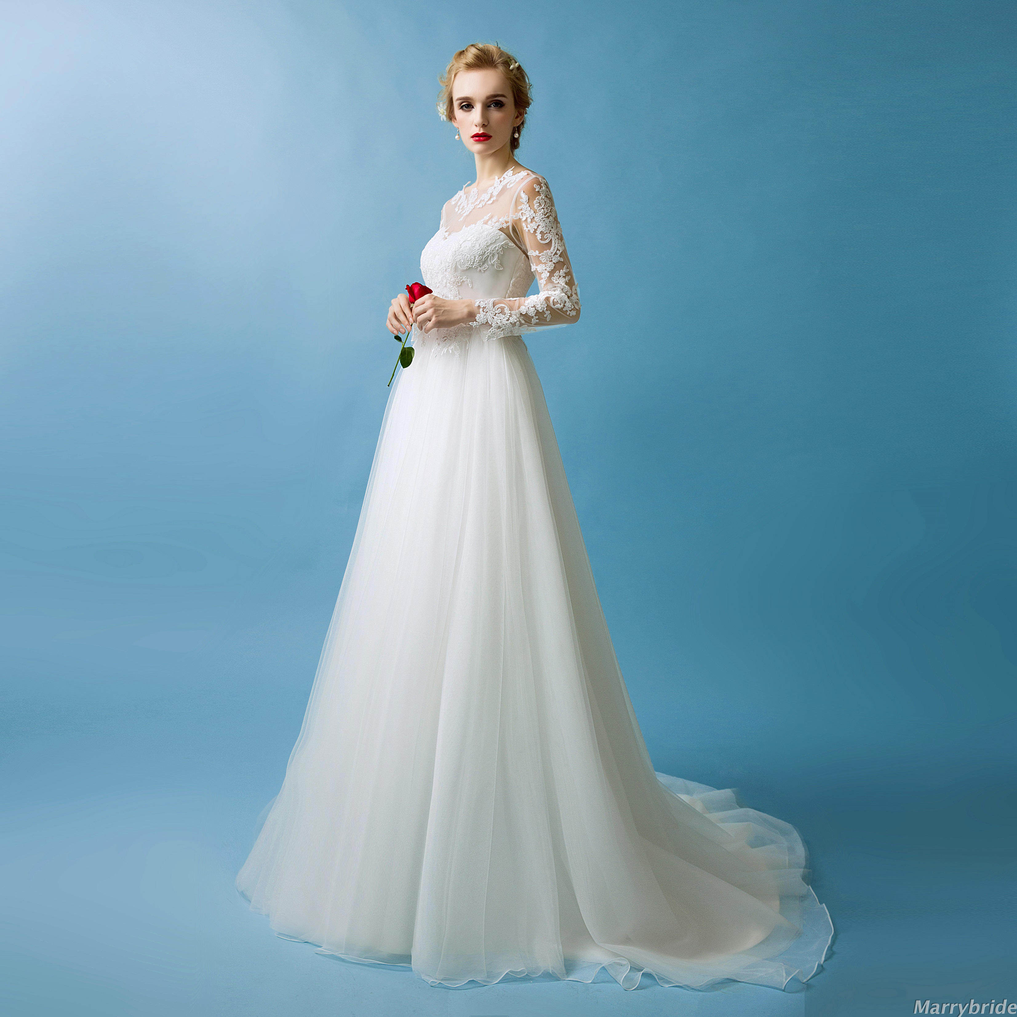 婚纱礼服2016冬季新款韩式长袖一字肩蕾丝新娘小拖尾婚纱高腰显瘦