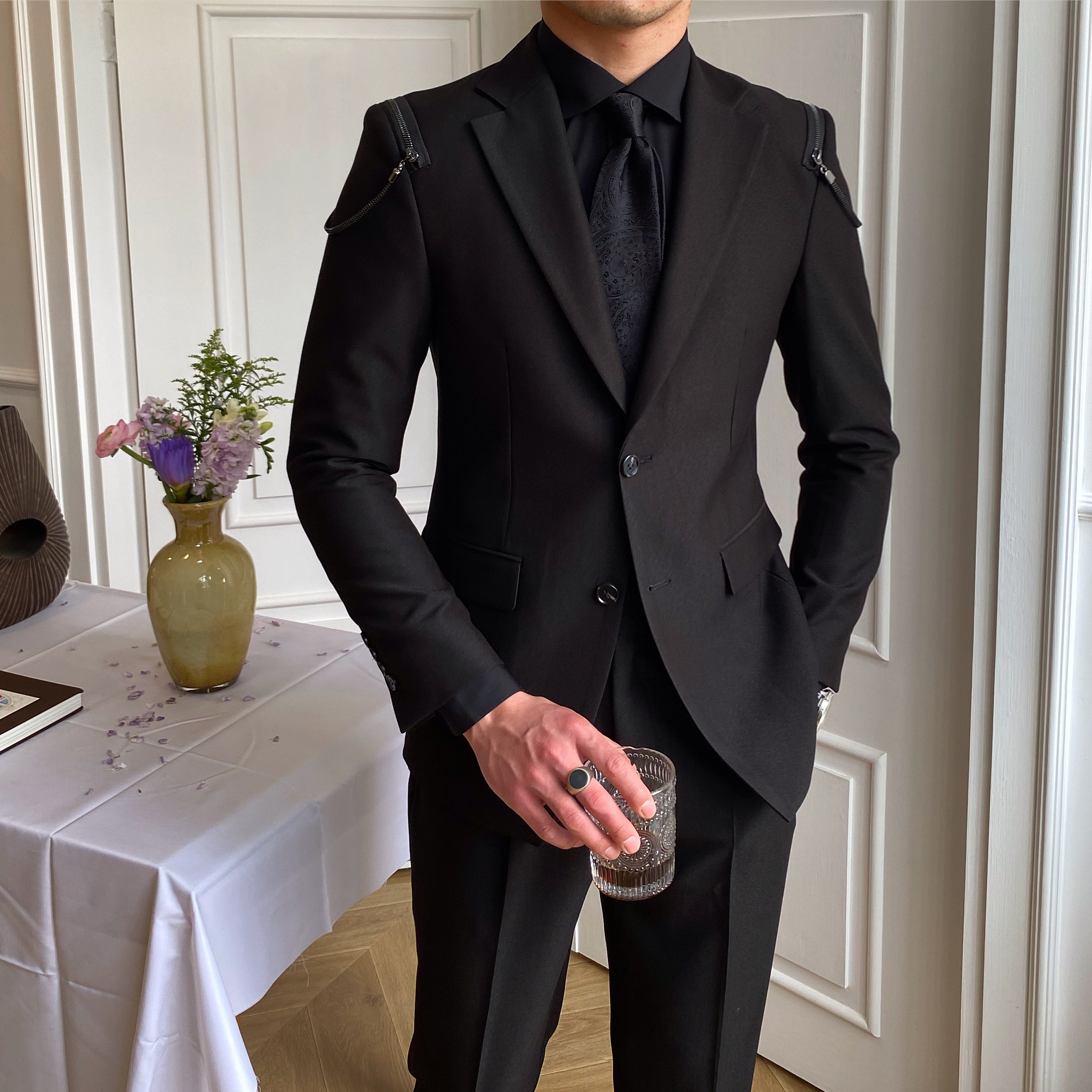 鹿三先生自制时尚男士通勤黑色西装英伦宴会舞台个性休闲西服外套