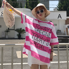 实拍韩版夏季宽松大码粗条纹印花字母中长款T恤短袖上衣女潮