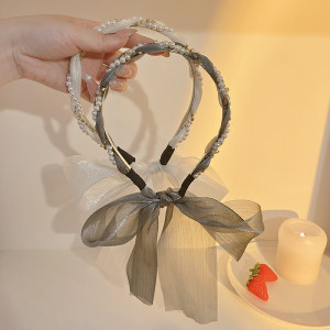 珍珠飘带发箍女绑发一体带头箍森系超仙丝巾发带编发发卡丝带发饰