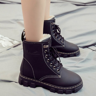 秋女孩马丁靴初中学生加绒短靴14少女韩版百搭靴子女大童黑皮棉靴