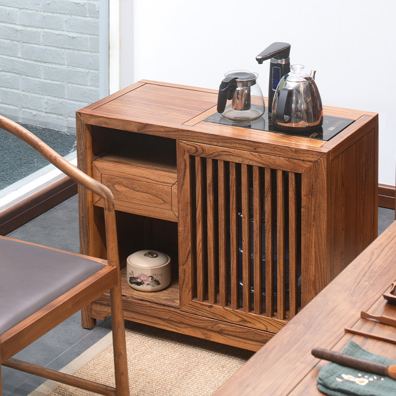 新中式茶水柜实木边几沙发侧边柜老榆木禅意茶边柜子烧水储物角柜