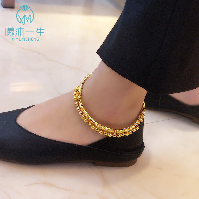 曦沐一生珠宝迪拜风足金9999黄金脚镯铃铛转运配饰风铃休闲百搭