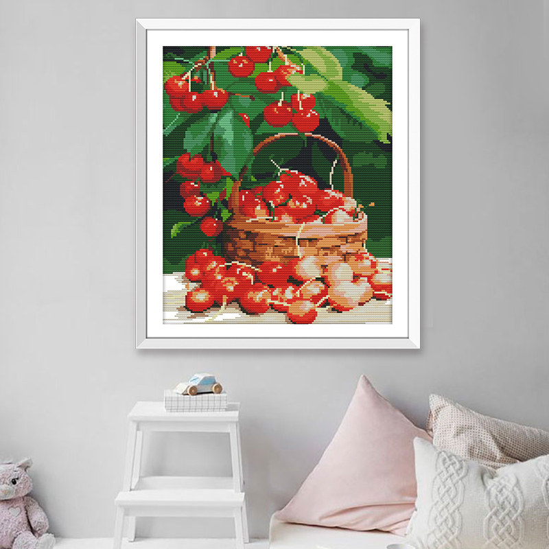 樱桃十字绣水果图餐厅厨房线绣2021新款家用挂件简约现代饭厅画