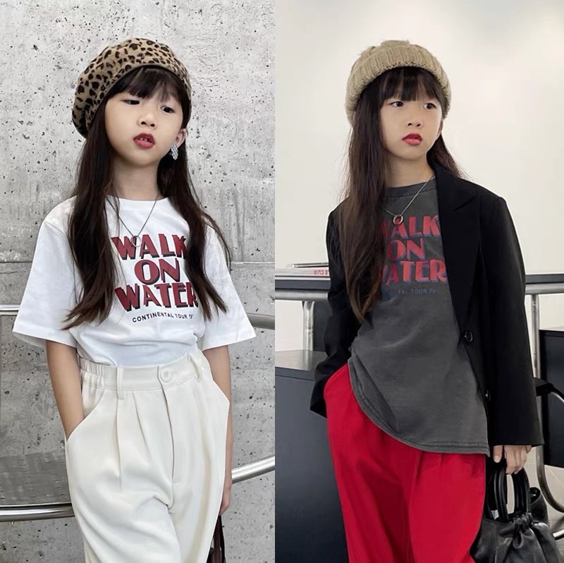 韩国童装豆丁男女童字母T恤秋装24新款中大童亲子宽松上衣洋气潮