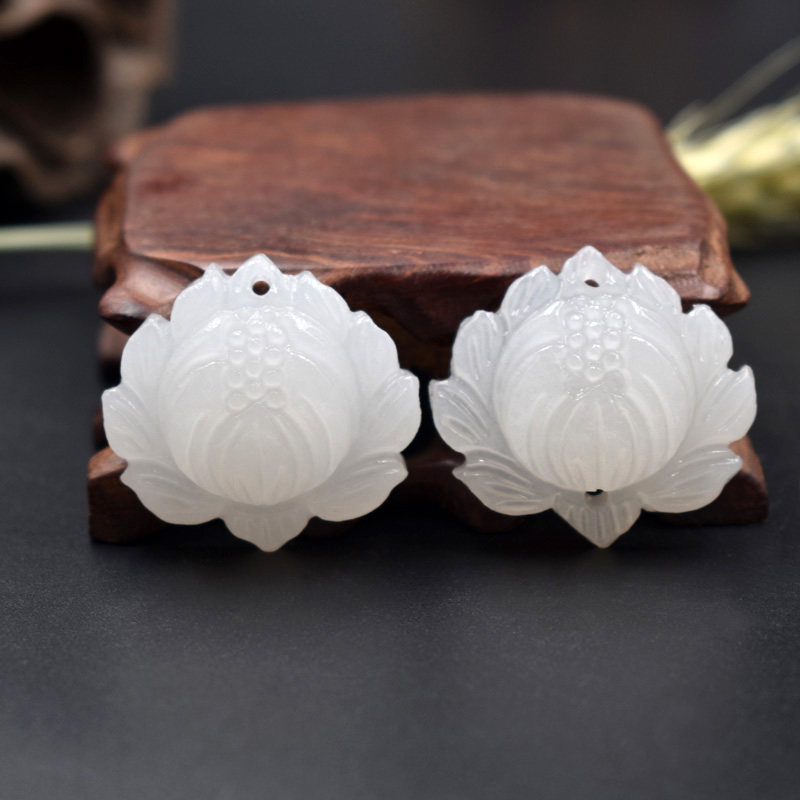 白玉 阿富汗玉佩 腰佩 荷花 上下孔 禁步 流苏佩 diy材料 莲花佩_不