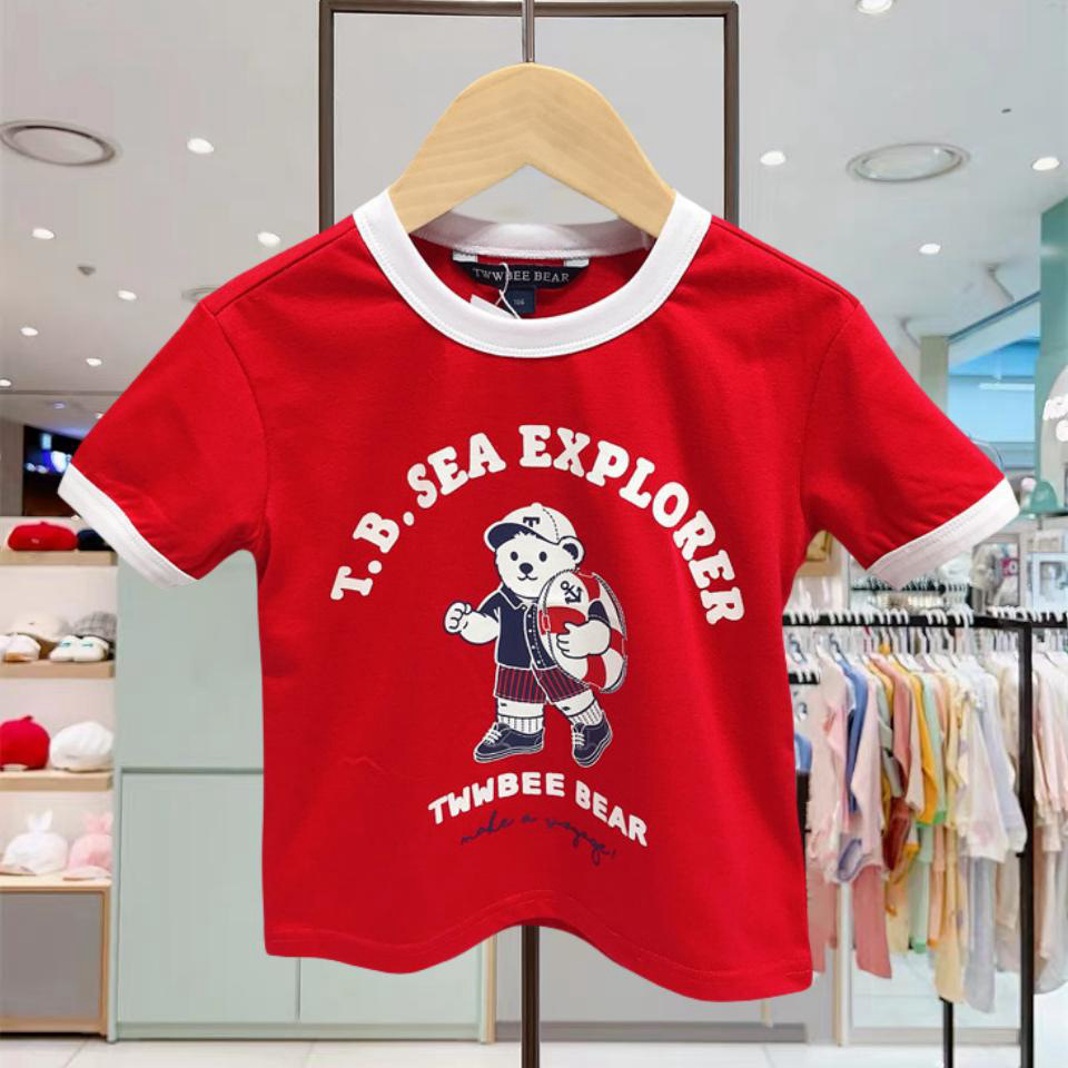 韩版卡通熊童装夏季新款男童女童红色运动短袖T恤TTRW246389H
