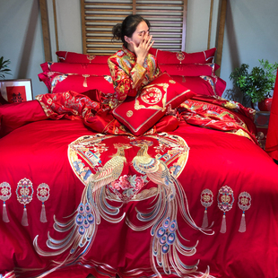 超大气高端陪嫁婚庆四件套结婚全棉纯棉龙凤被套红色中式床上用品