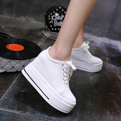 内增高小白鞋女运动夏季韩版10CM超高跟松糕底厚底系带白色帆布鞋