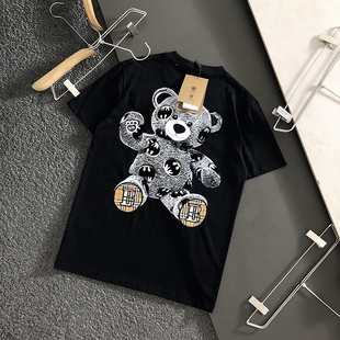 夏季新款巴宝莉时尚纯棉字母小熊印花t桖休闲圆领纯色男女款短袖
