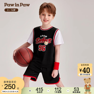 PawinPaw卡通小熊童装2024年夏新款男童撞色篮球风假两件运动套装