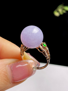 d107玉渡缘新品天然翡翠冰种紫罗兰珠子戒指18k镶嵌带证书0818