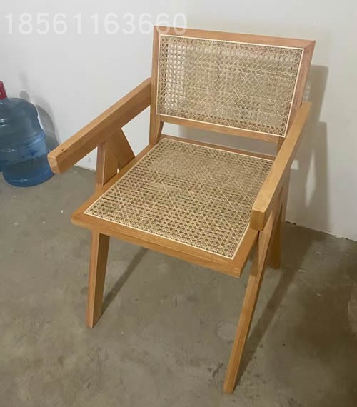 北欧实木藤椅天然真藤扶手昌迪加尔椅餐椅橡胶木白蜡木沙发椅白茬
