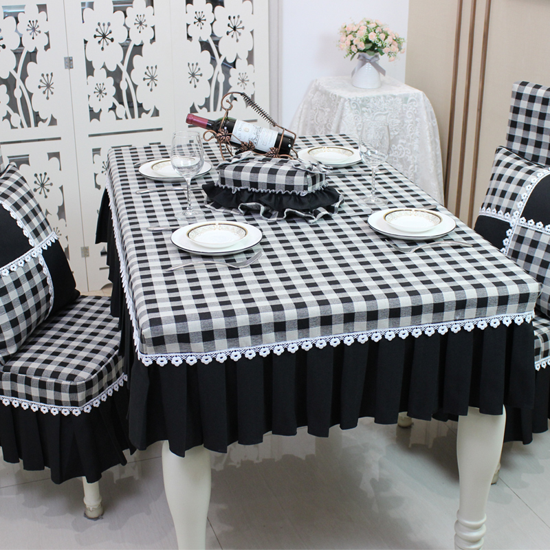 黑白格餐桌椅套套装家用茶几罩多功能盖布现代简约定做连体凳椅套