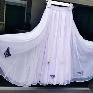 淡紫色网纱半身裙高级感丁香紫白色显瘦超仙纱裙蝴蝶绣花绝美裙子