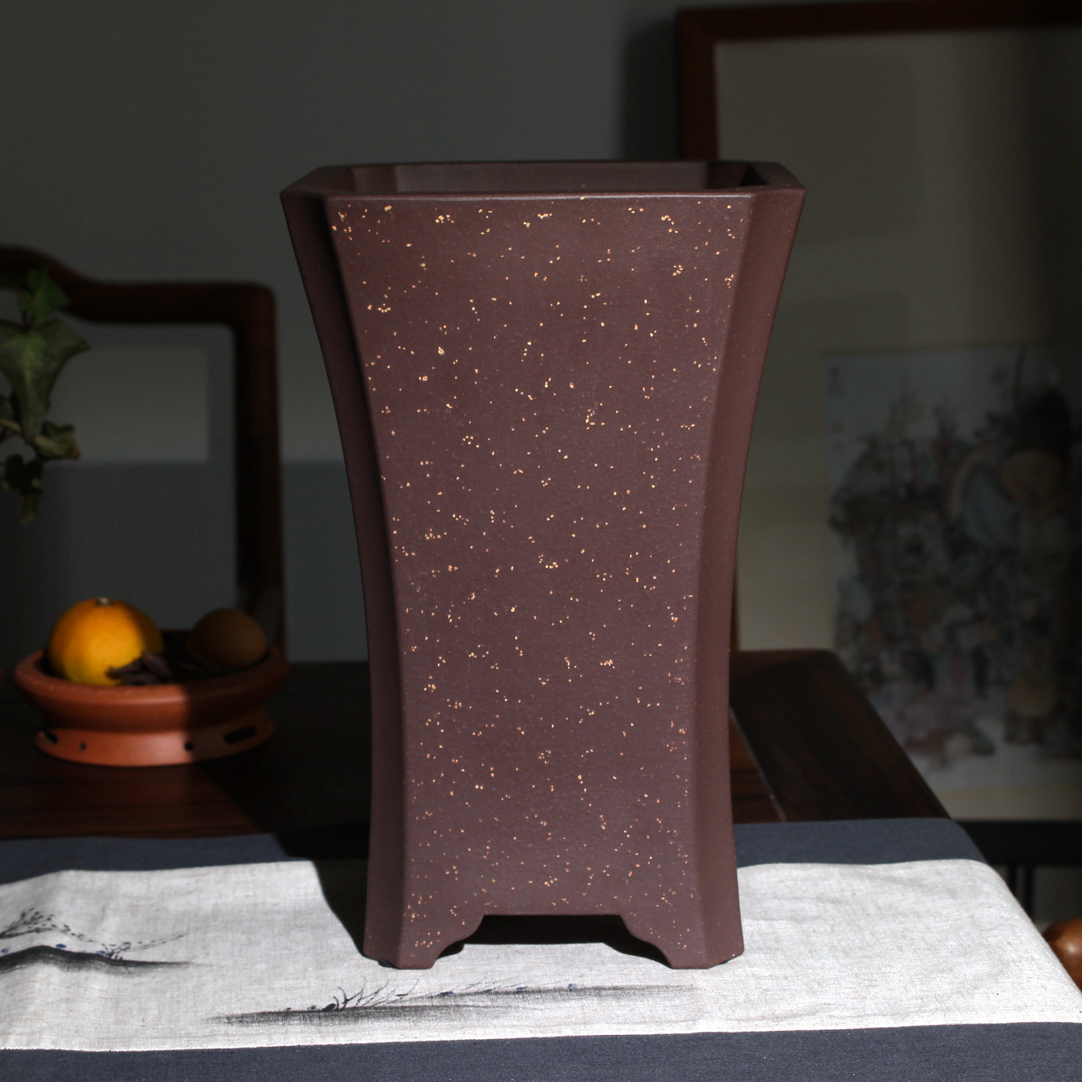 收腰四方抽角花盆 朱永南紫砂花盆名家精品盆景兰花盆