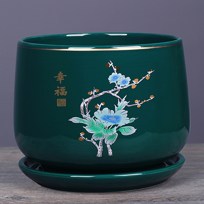 中式花盆陶瓷带托盘大号家用简约个性创意加厚耐用绿萝专用盆清仓